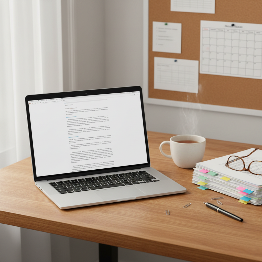 An inviting writing workspace featuring an open laptop displaying a clean, text-focused manuscript page without legible words, placed on a smooth oak desk. Around it lie neatly organized printed pages with highlighted passages, color-coded sticky tabs, and a pair of reading glasses folded beside a ceramic mug of tea. In the background, a softly blurred corkboard holds index cards and a simple calendar, suggesting a book production schedule. Soft, diffused daylight enters from the left, illuminating the scene with a calm, focused glow. Photographic realism, shot from a slightly elevated angle with balanced composition, evoking discipline, organization, and the professional routine of an experienced technical author.