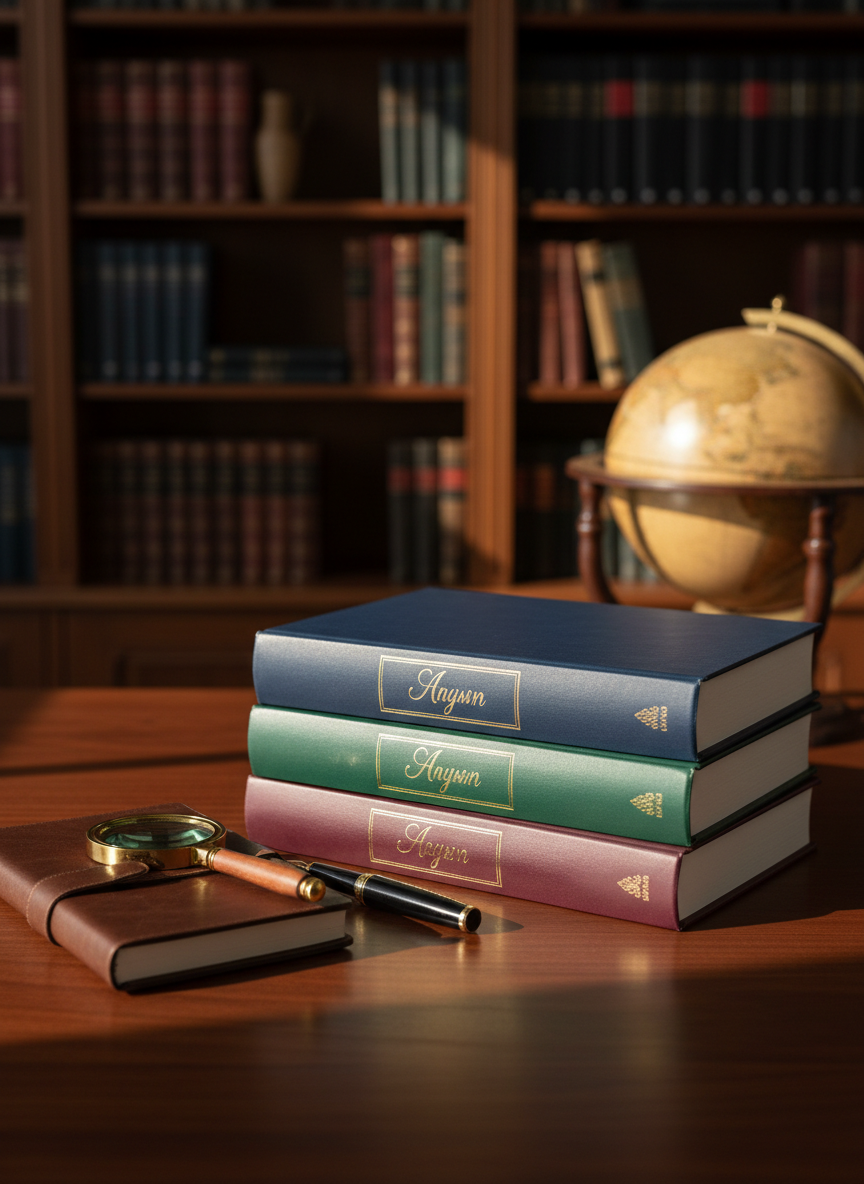 A neatly stacked set of hardback books with elegant, traditional dust jackets in deep navy, forest green, and burgundy, each featuring a subtle embossed author nameplate without readable text. The books rest on a dark walnut desk beside a closed leather-bound notebook, a fountain pen, and a small brass magnifying glass. In the background, softly out of focus, stand tall bookshelves filled with orderly volumes and a vintage-style globe. Warm afternoon light from an unseen window grazes the book spines, creating gentle highlights and long, calm shadows. Photographic realism, eye-level composition with shallow depth of field, conveying a professional, scholarly atmosphere appropriate for an established author’s homepage hero image.